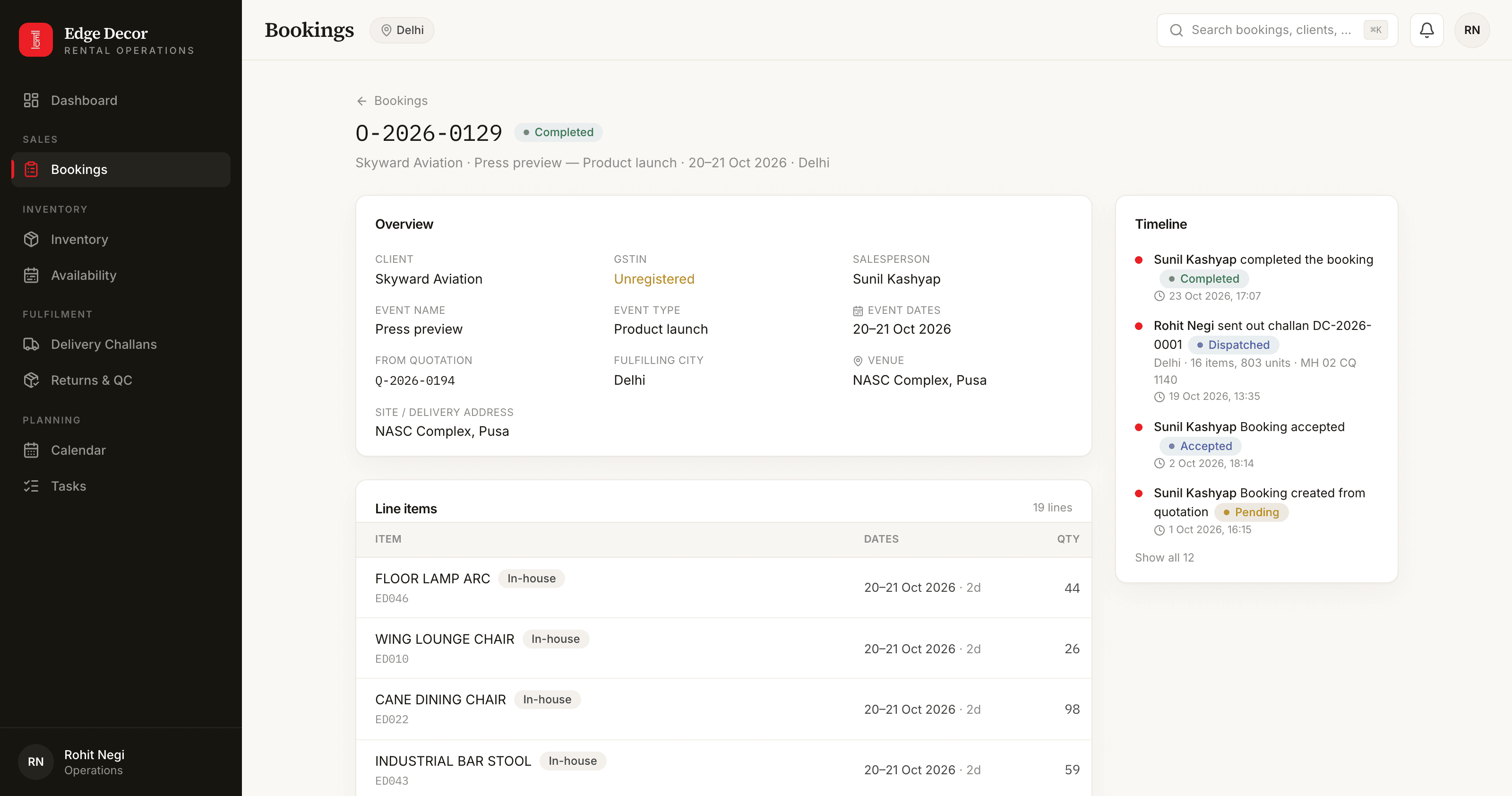 A completed booking as operations sees it: the customer, the event, the line items and the timeline, with no money anywhere