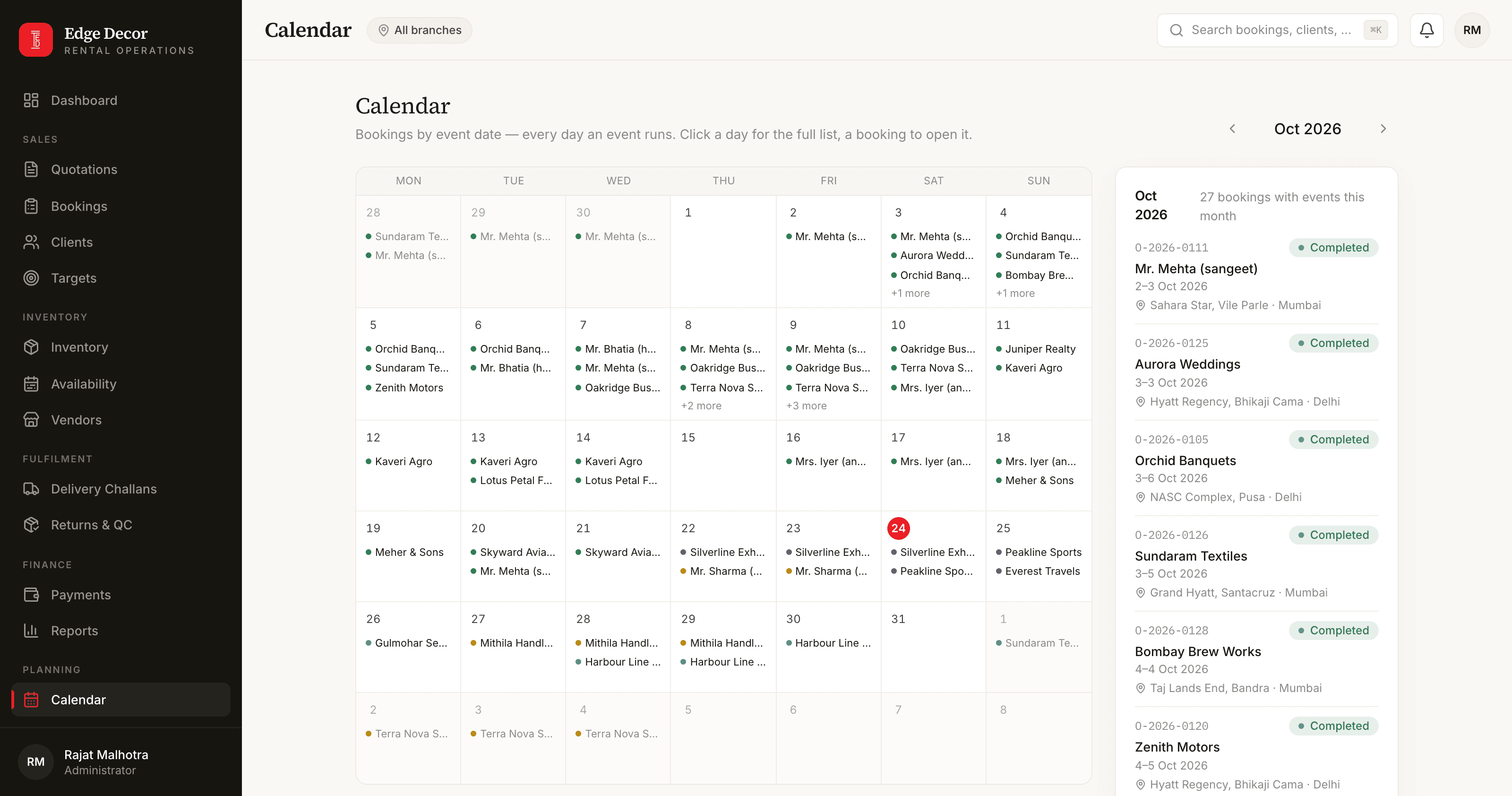 The booking calendar: every booking on each day it runs, with the day's list
