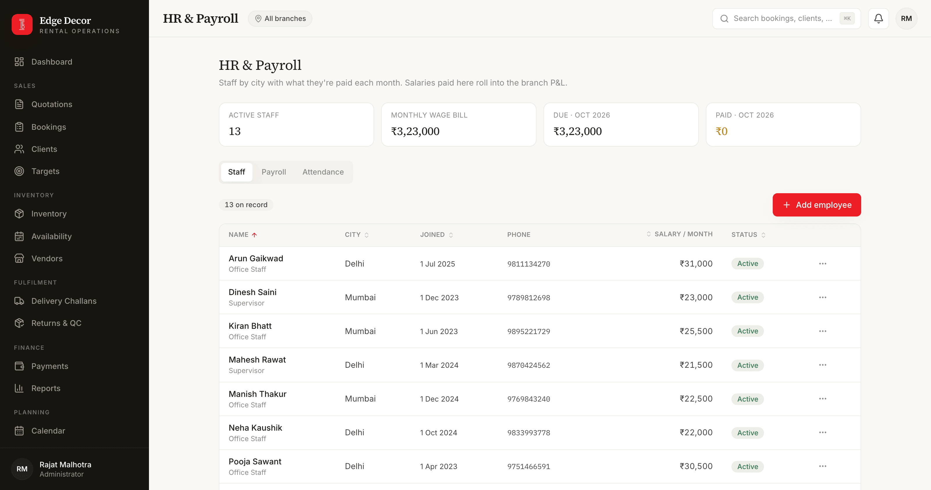HR and payroll: staff by city with salary and status, the month's wage bill, and tabs for payroll and attendance