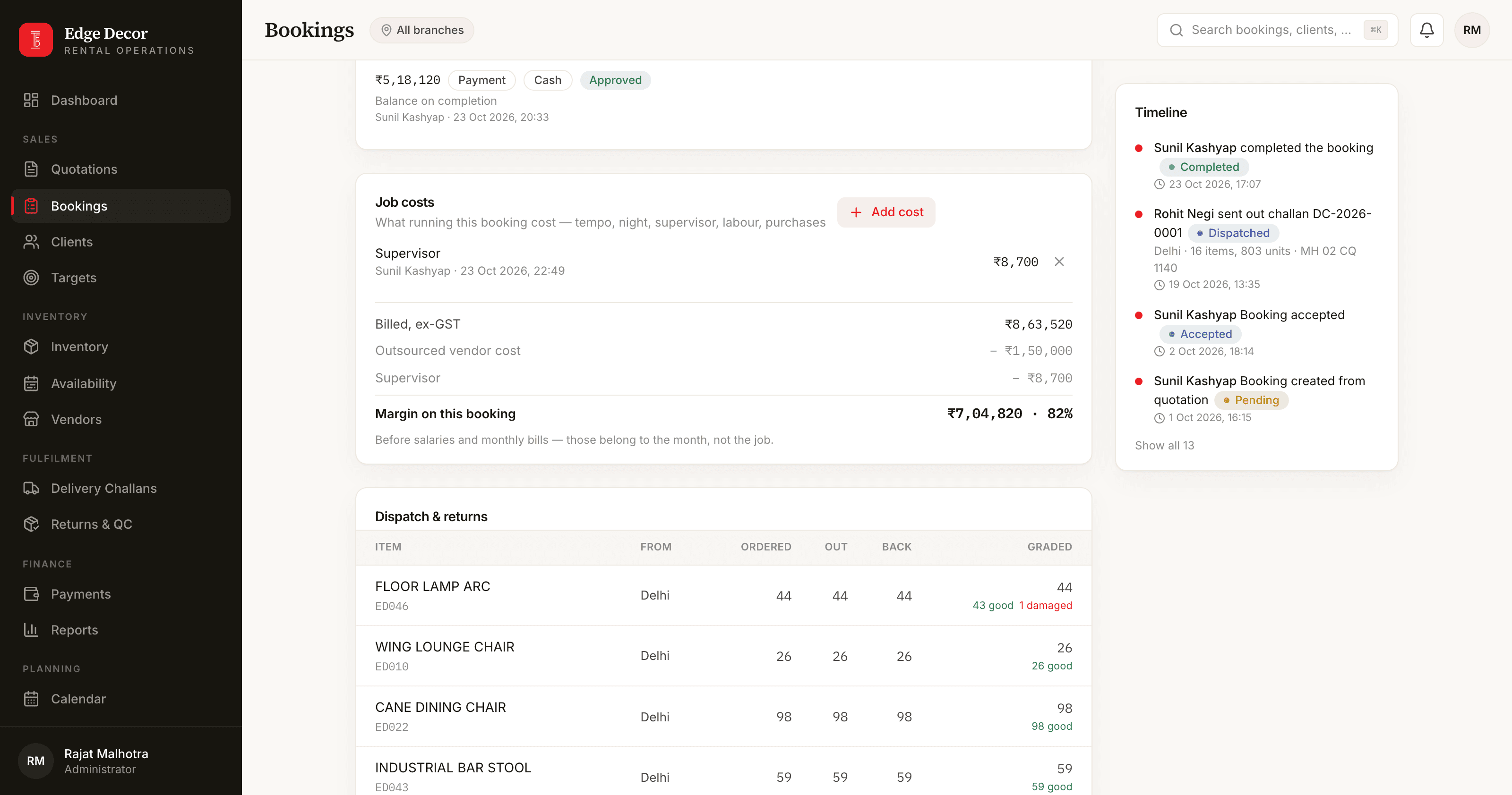 The job costs card on a booking: supervisor cost, billed value, vendor cost, and the margin on this booking