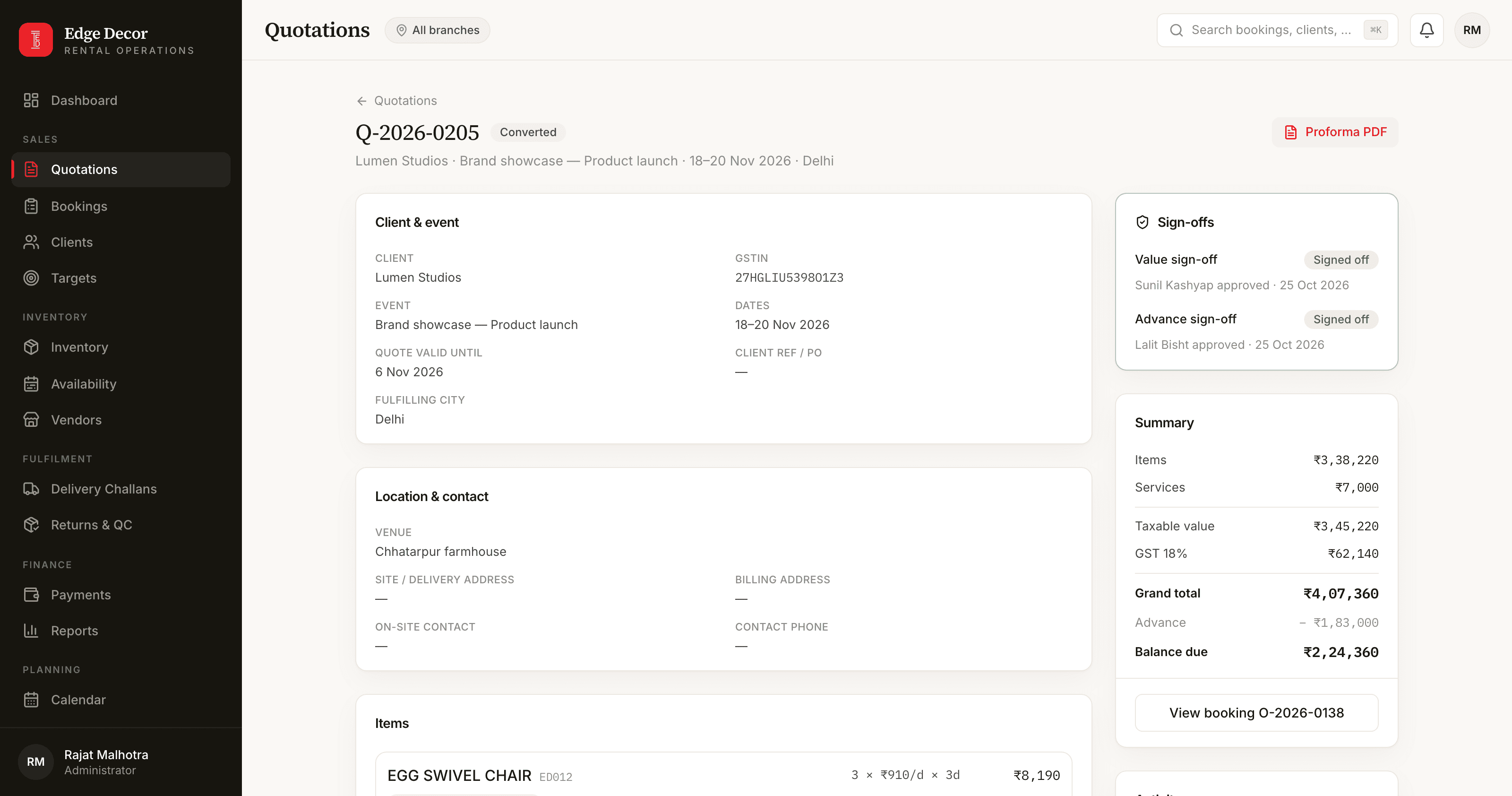 A quotation: customer, event, dates, the sign-offs card, the summary with GST, and the item lines with their rate and days