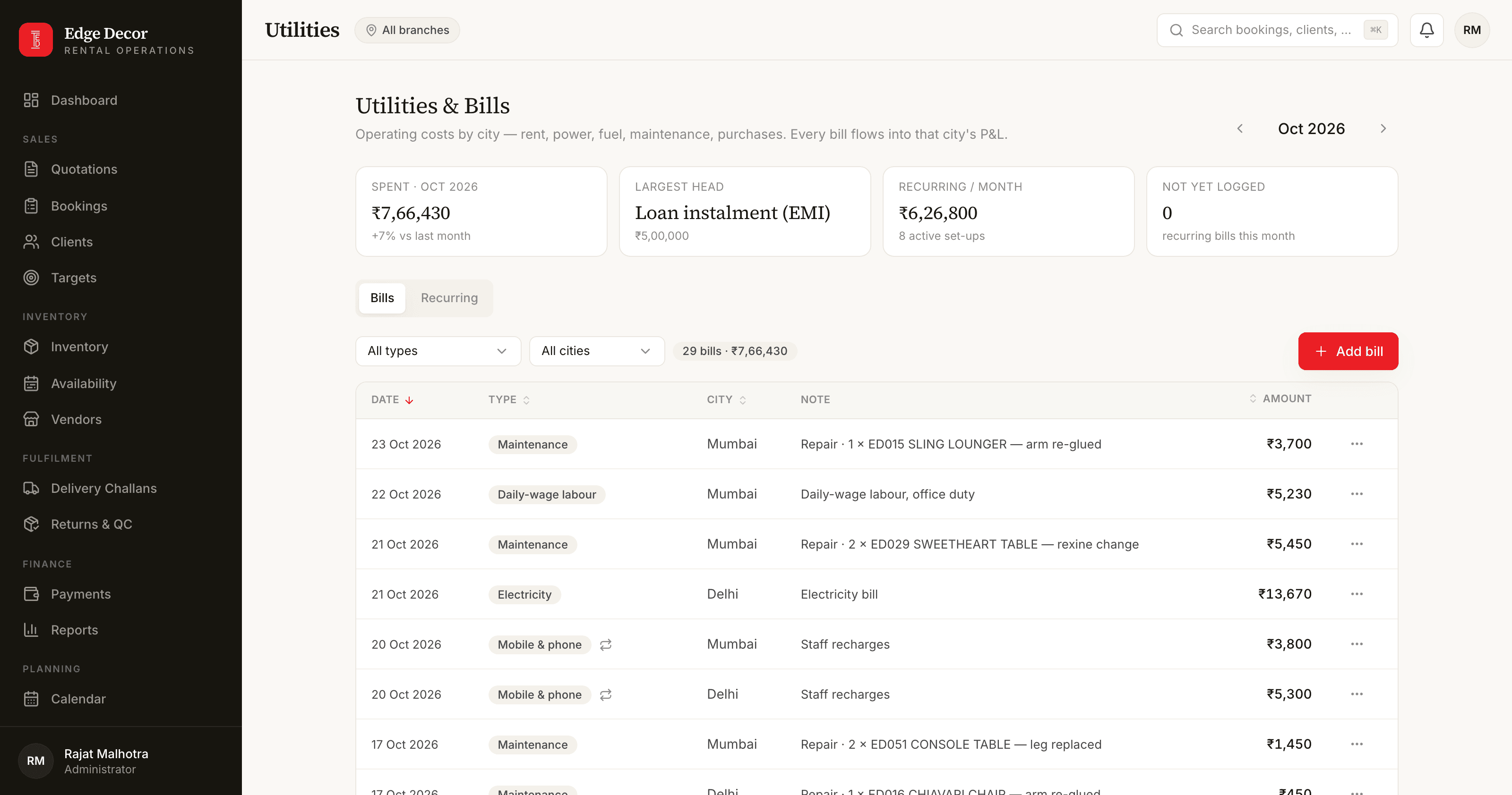 Utilities and bills for the month by city: rent, power, repairs, labour, phone, with recurring bills logged on their own