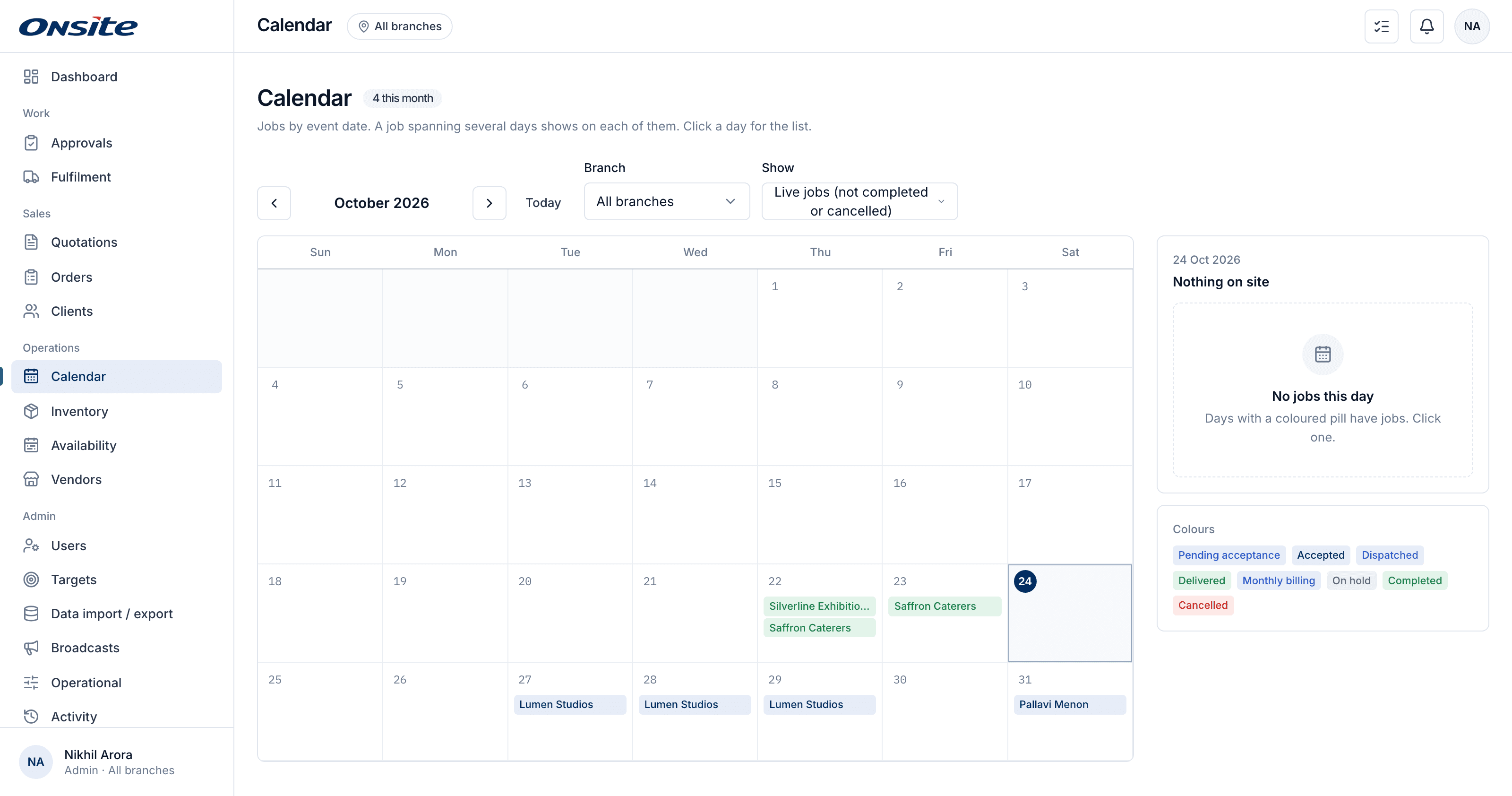 The calendar: every job on each day it runs, coloured by status, with the day's list beside it