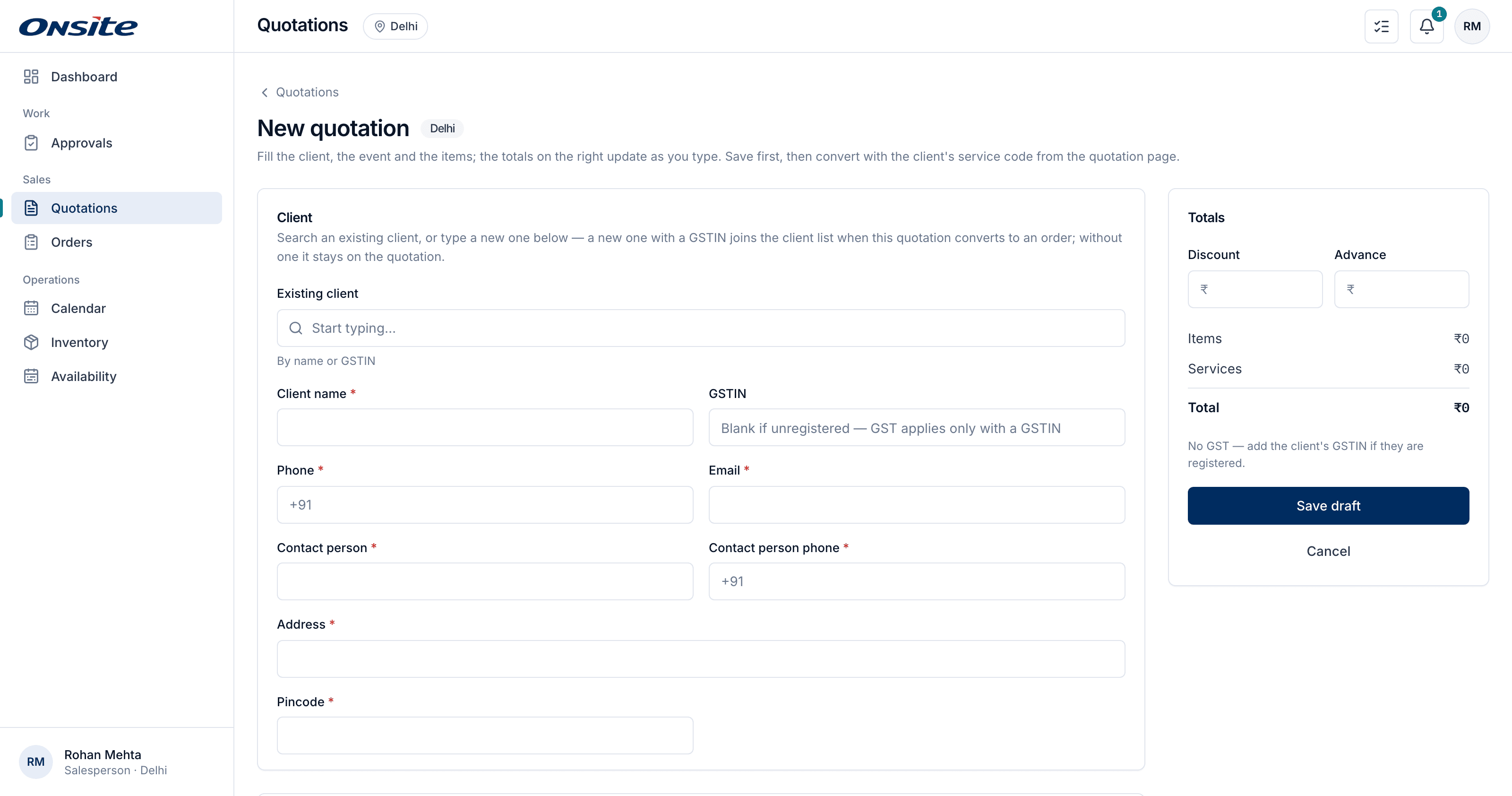 The quotation builder: customer, event, items and services on the left, the totals updating on the right